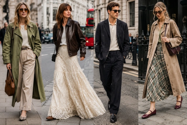 Latest Fashion Trends London for 2026 Latest fashion trends London 2026 featuring sage green fashion, suede trench coats, statement flats, and London street style