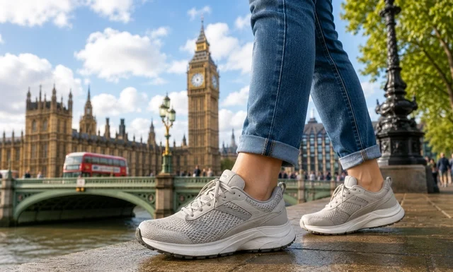 Best Comfortable Footwear for London Walking: Top Shoes for Long Days Exploring the City Comfortable footwear for London walking with travellers wearing supportive walking shoes while exploring London's streets
