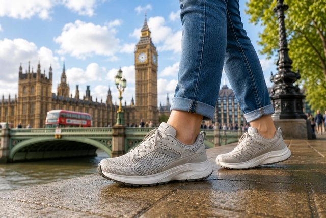 Best Comfortable Footwear for London Walking Comfortable footwear for London walking with travellers wearing supportive walking shoes while exploring London's streets