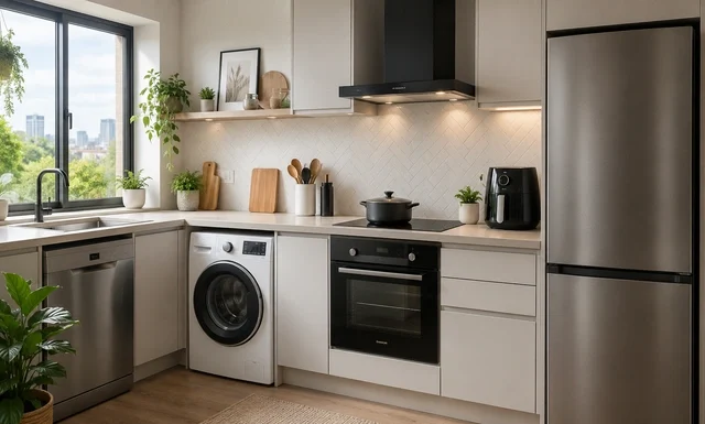 Energy-Efficient Home Appliances in London: Save Energy and Lower Household Bills Energy-efficient home appliances London including an A-rated fridge freezer, washing machine and induction hob in a modern kitchen