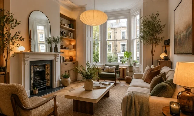 Trending Home Decor London 2026: Top Interior Design Trends Shaping London Homes Trending home decor London 2026 featuring a stylish London townhouse with organic modern design, vintage furniture, statement lighting, and textured interiors.