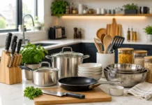 Essential Kitchenware for London Kitchens: Must-Have Tools & Cookware for Modern UK Homes Essential kitchenware for London kitchens featuring modern cookware, chef knife, utensils, and smart storage in a compact UK home kitchen.