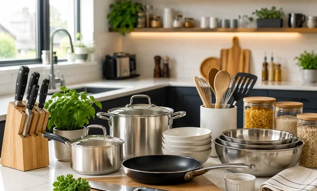 Essential Kitchenware for London Kitchens: Must-Have Tools & Cookware for Modern UK Homes Essential kitchenware for London kitchens featuring modern cookware, chef knife, utensils, and smart storage in a compact UK home kitchen.