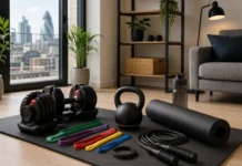 Best Fitness Gear for London Home Workouts Best fitness gear for London home workouts including adjustable dumbbells, resistance bands, kettlebells, exercise mat, and skipping rope.