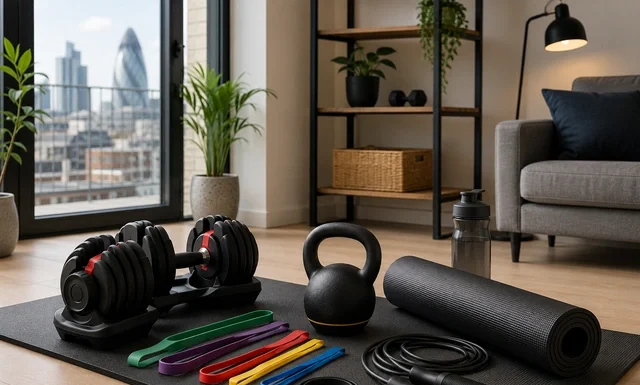 Best Fitness Gear for London Home Workouts Best fitness gear for London home workouts including adjustable dumbbells, resistance bands, kettlebells, exercise mat, and skipping rope.