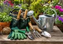 Essential Gardening Tools in London: Must-Have Equipment for Every Gardener Essential gardening tools London including a hand trowel, garden fork, secateurs, watering can, and gardening gloves