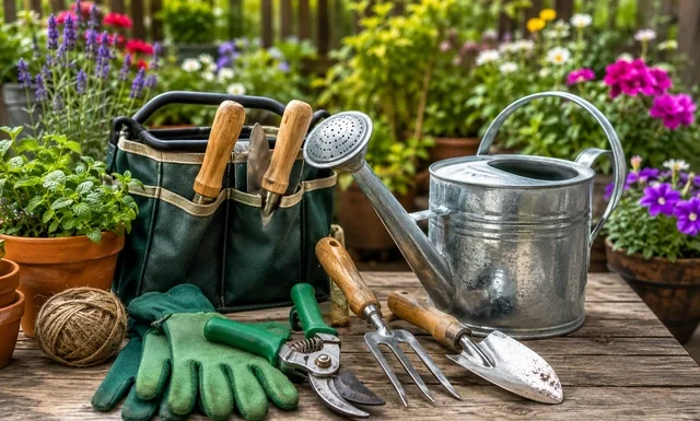 Essential Gardening Tools in London: Must-Have Equipment for Every Gardener Essential gardening tools London including a hand trowel, garden fork, secateurs, watering can, and gardening gloves