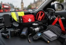 Must-Have Car Accessories in London: Essential Upgrades for City Drivers Must-have car accessories London including a dash cam, car phone holder, portable jump starter, and car organiser.