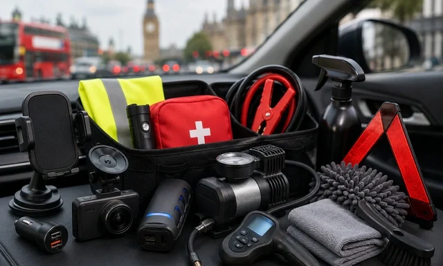 Must-Have Car Accessories in London: Essential Upgrades for City Drivers Must-have car accessories London including a dash cam, car phone holder, portable jump starter, and car organiser.