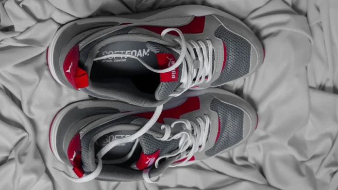 Modern pair of sports trainers photographed from above