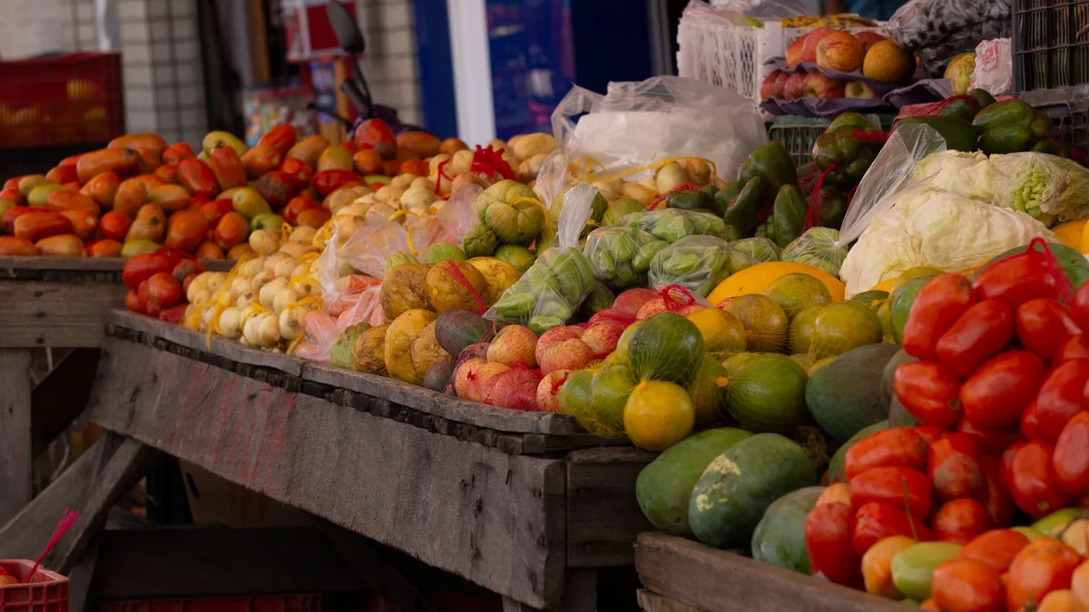 Colourful fruit and vegetable stall at a city market