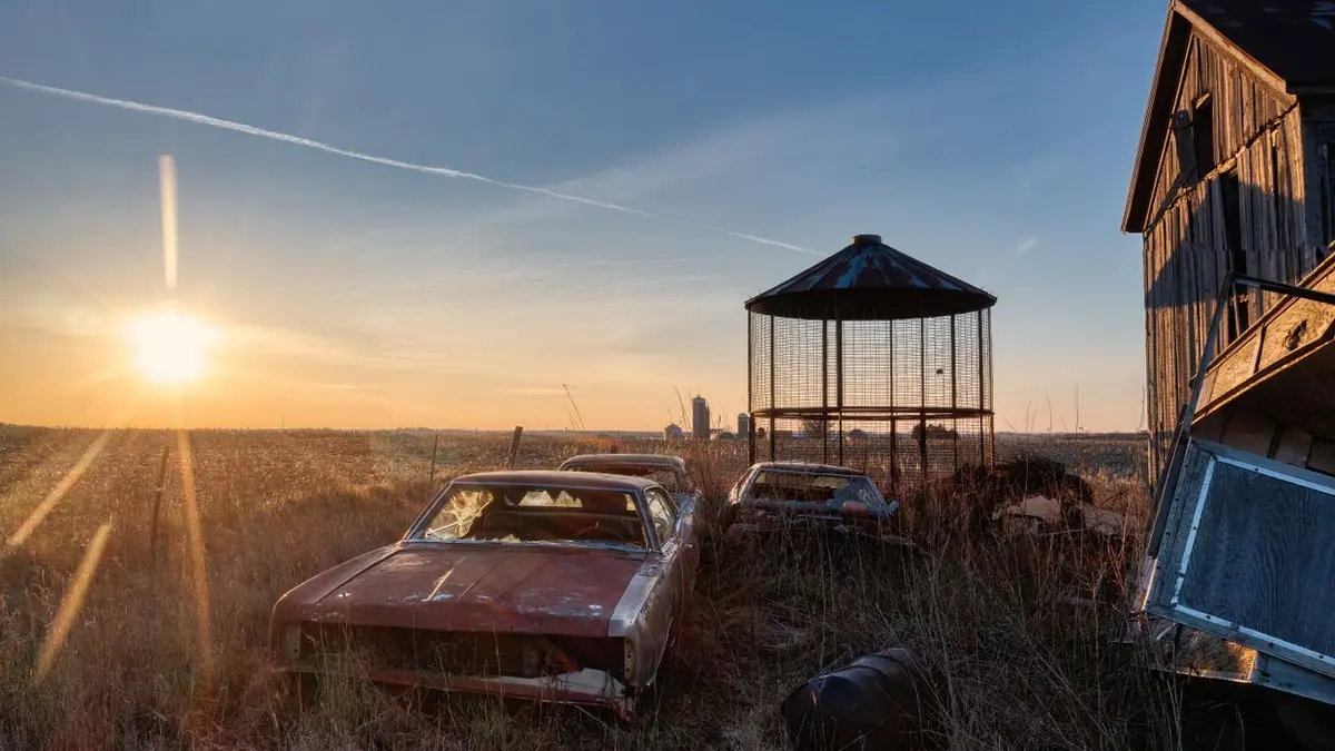 Rusting vintage cars abandoned in a field at sunset