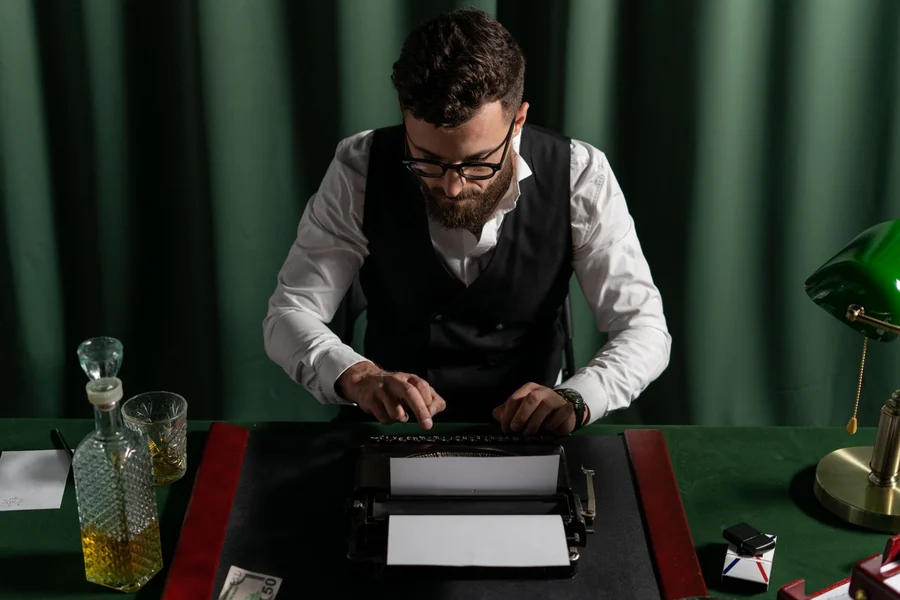 Dick Cavett net worth - man typing on a typewriter in a vintage office