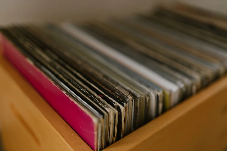Don Henley net worth - collection of vintage vinyl records on a wooden shelf