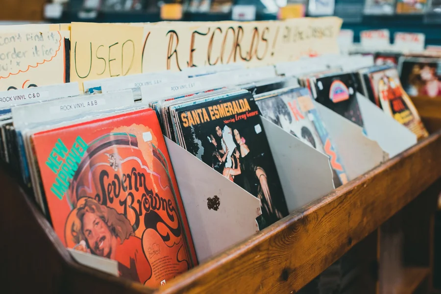 Don Henley net worth - vintage vinyl records displayed in a music store