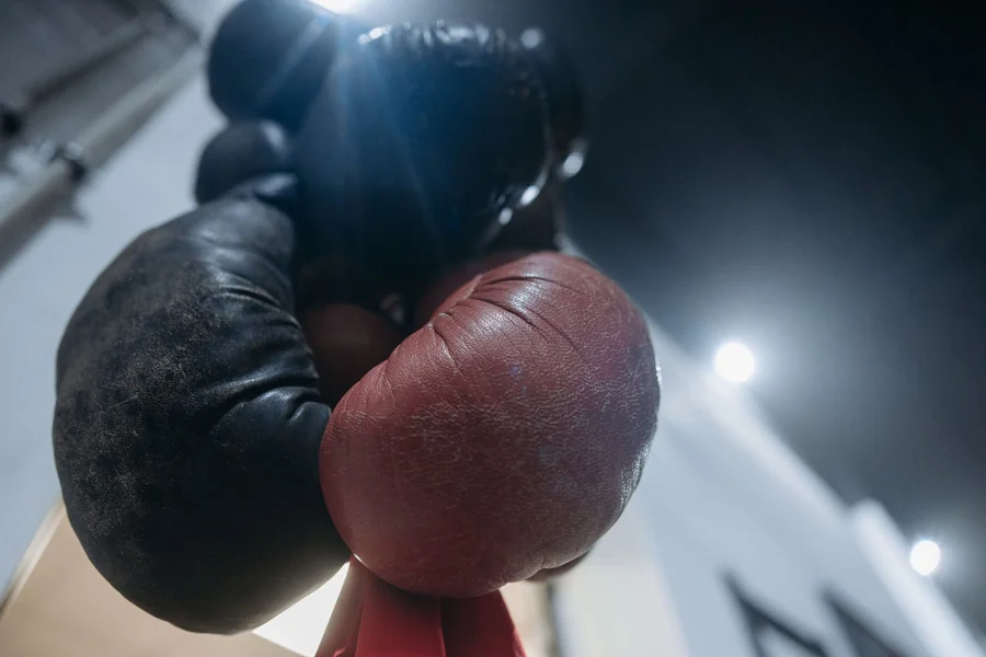 Don King net worth - red and black boxing gloves hanging in a gym