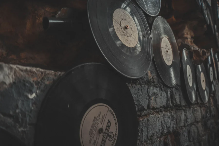 Kesha net worth - vintage vinyl records displayed on a brick wall