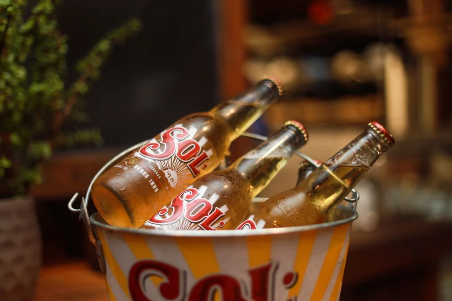 Land Shark beer UK - chilled Sol beer bottles in a bucket