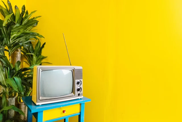 Pam Dawber Net Worth 2026 Pam Dawber net worth - retro television on a blue table against a yellow wall